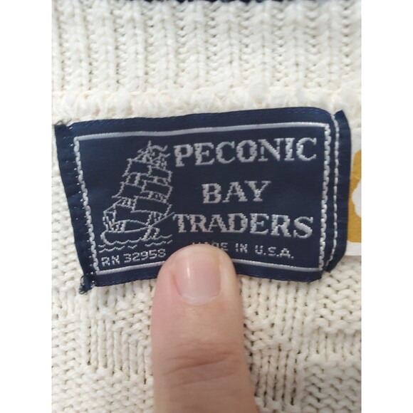 Peconic Bay Traders Cotton Off-White V-Neck 3D-Knit Sweater Size XL Vintage - Picture 4 of 7
